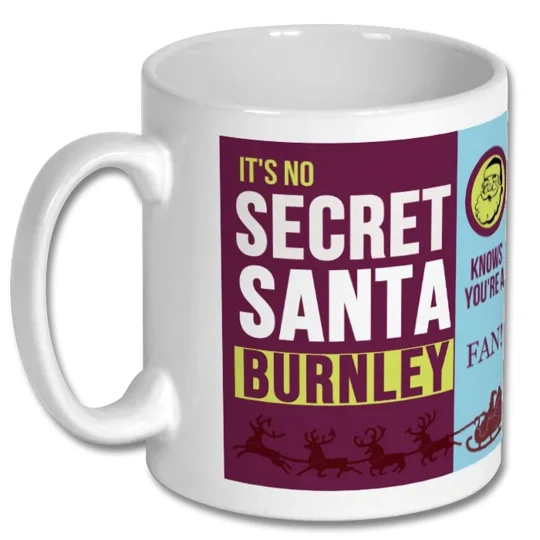 White 10oz Burnley-inspired Secret Santa mug with glossy photo-quality finish