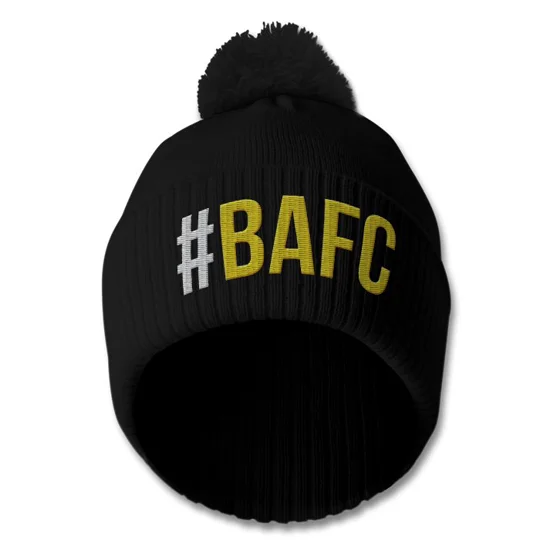 Close-up of the embroidered hashtag design on the Burton retro-style bobble hat