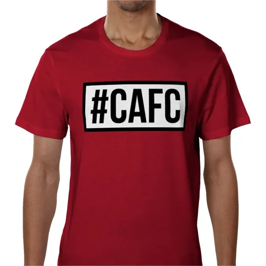Red Charlton-Inspired CAFC fan T-shirt featuring bold hashtag football design