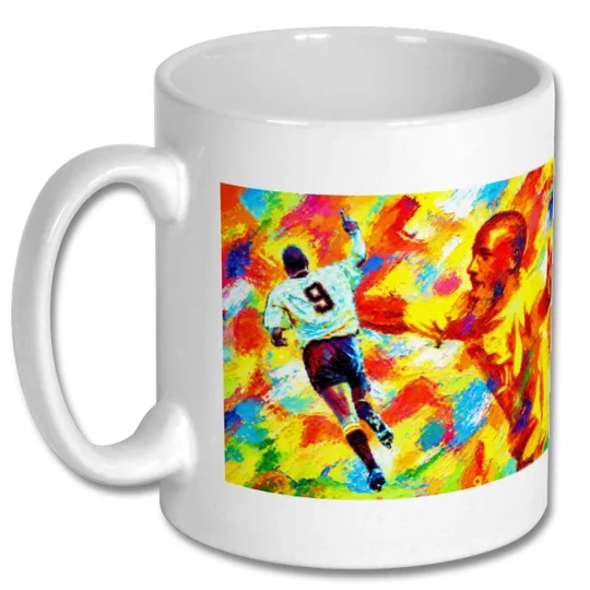 Dion Dublin Cambridge United-inspired football gift mug showing the retro artwork and glossy finish