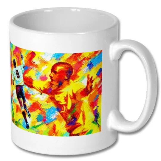 Cambridge United-inspired Dion Dublin retro football art mug with full-colour image on a white ceramic mug