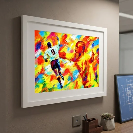 Cambridge United-inspired Dion Dublin retro framed art print with abstract effect and silver frame