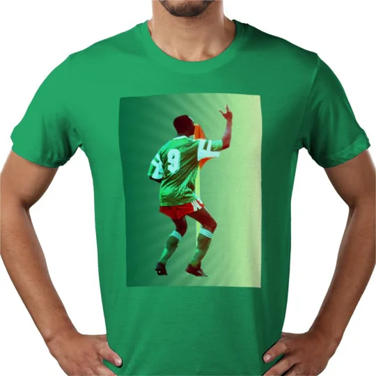 Front view of the Cameroon 1990 World Cup shirt-inspired Roger Milla tribute T-shirt in green