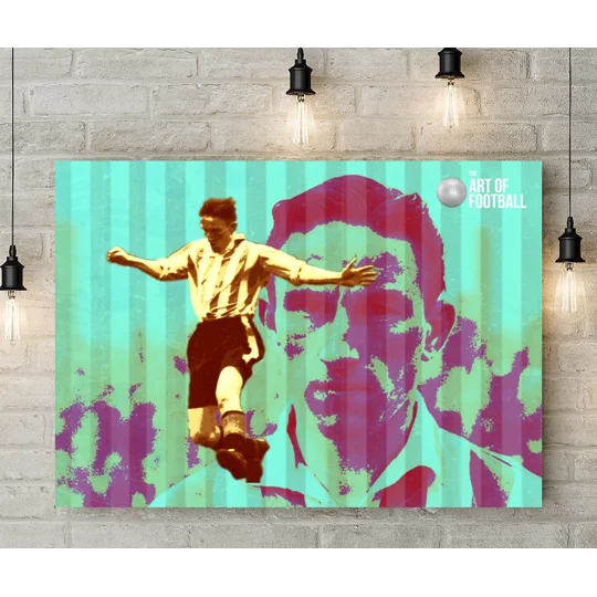 Brentford-inspired football canvas print — Bold retro-style tribute artwork combining a stylised footballer, oversized portrait and distressed graphic textures in vivid turquoise, magenta, green and purple, creating an energetic celebration of The Goal Machine.