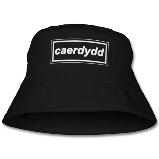 Cardiff-inspired black cotton twill bucket hat with wide brim and retro football style