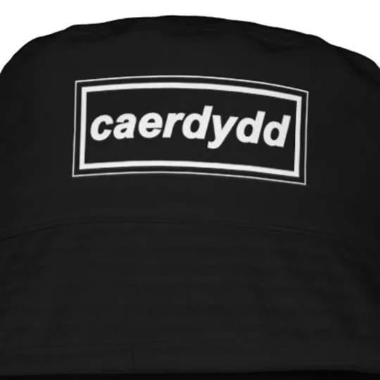 Cardiff Caerdydd inspired football bucket hat in black, showing the printed design and classic 90s look