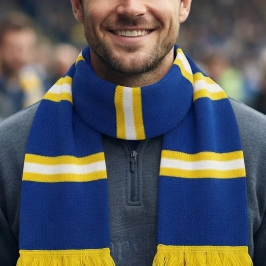 Cardiff-inspired retro football bar scarf in blue white and yellow