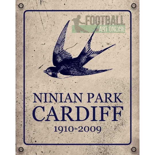 Vintage football metal sign celebrating historic Ninian Park, Cardiff-inspired wall art