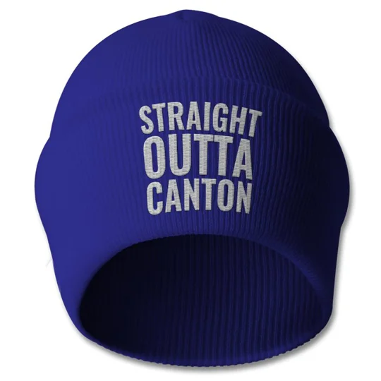 Cardiff-inspired football fan beanie with embroidered Straight Outta Canton design