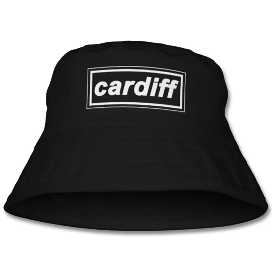 Cardiff-inspired 90s retro black bucket hat with colourful football-themed design