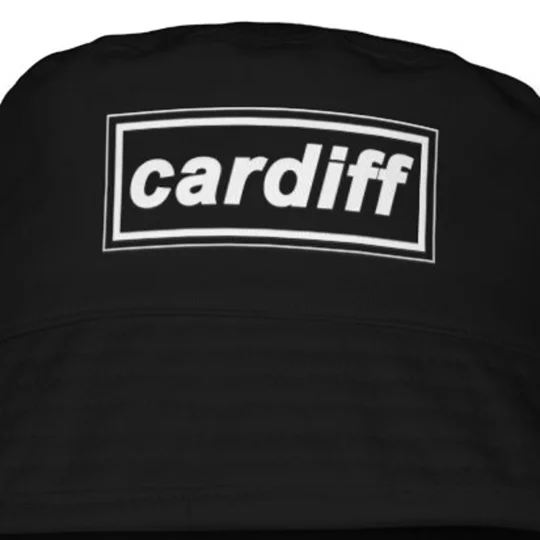 Cardiff-inspired 90s football fashion bucket hat in black, available in S/M and L/XL
