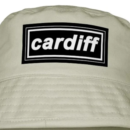Cardiff-inspired sand bucket hat showing its printed design, classic shape and wide brim