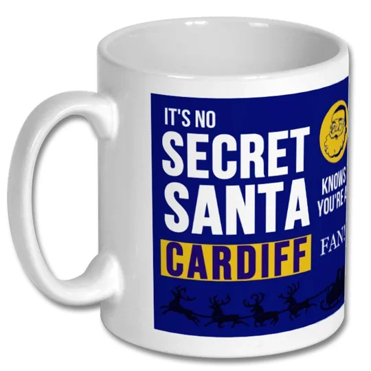Cardiff City-inspired Secret Santa gift mug for Bluebirds supporters, showing festive football-themed artwork