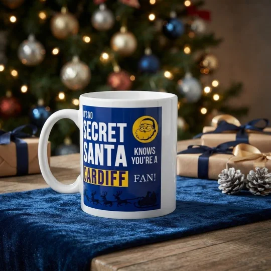 Cardiff City-inspired Secret Santa Christmas gift mug with full-colour football art on a white ceramic mug