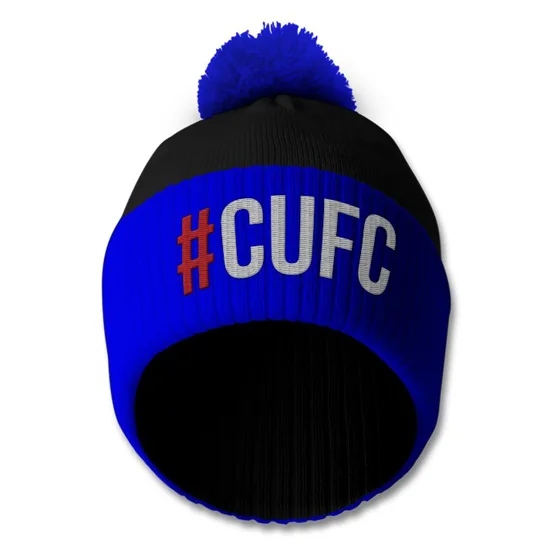 Carlisle-Inspired retro football bobble hat showing embroidered hashtag design and soft warm acrylic construction