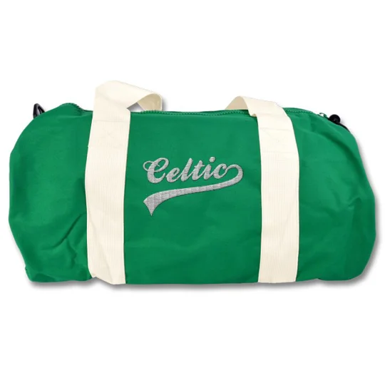 Celtic-inspired retro style football holdall barrel kitbag with embroidered detailing