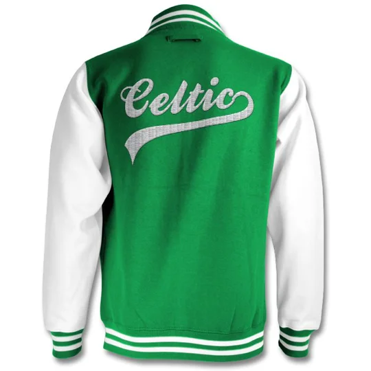 Celtic-inspired retro style embroidered varsity jacket with contrast sleeves