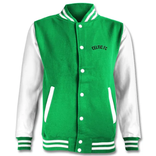 Retro Celtic-inspired two tone varsity jacket front view