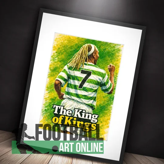 Retro Henrik Larsson Celtic-inspired football wall art print featuring an abstract artistic design.
