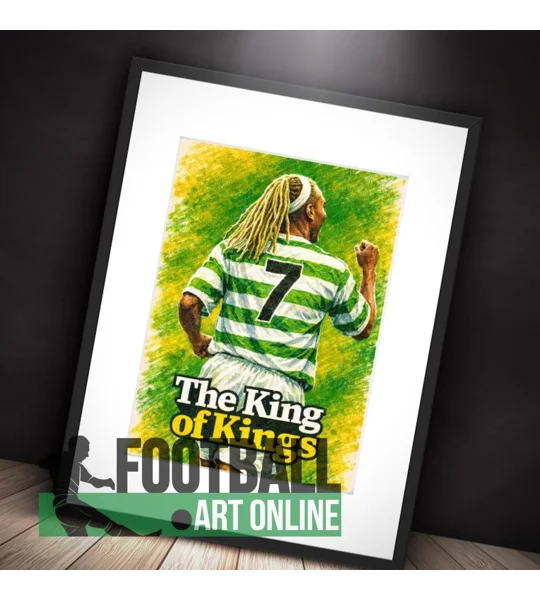 Retro Henrik Larsson Celtic-inspired football wall art print featuring an abstract artistic design.