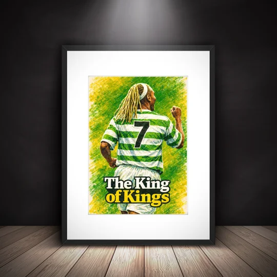 Celtic Henrik Larsson King of Kings-inspired framed art print in black frame with white mount..