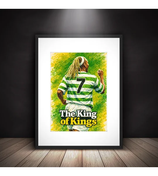 Celtic Henrik Larsson King of Kings-inspired framed art print in black frame with white mount..
