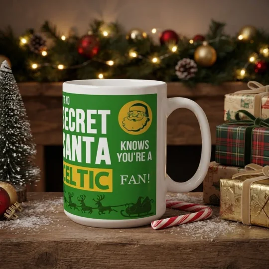 Celtic-inspired Secret Santa Christmas football gift mug with full-colour artwork on a white 10oz mug