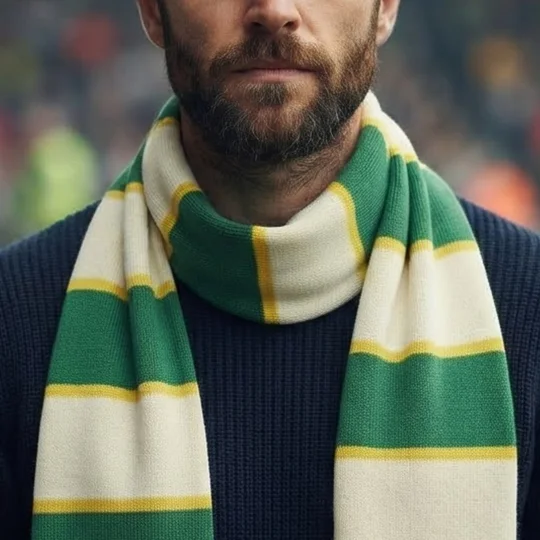 Celtic-inspired retro Celtic scarf in green and white with yellow trim
