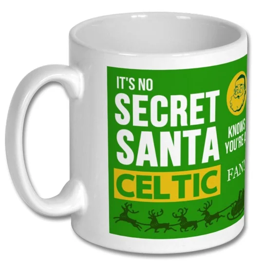 White Celtic-inspired Christmas gift mug with high-definition colour artwork, a football Secret Santa gift idea