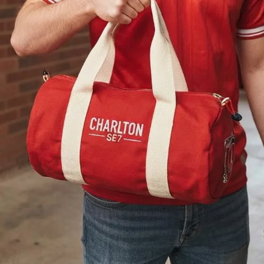 SE7 Charlton-inspired retro style vintage football kitbag with embroidered football design