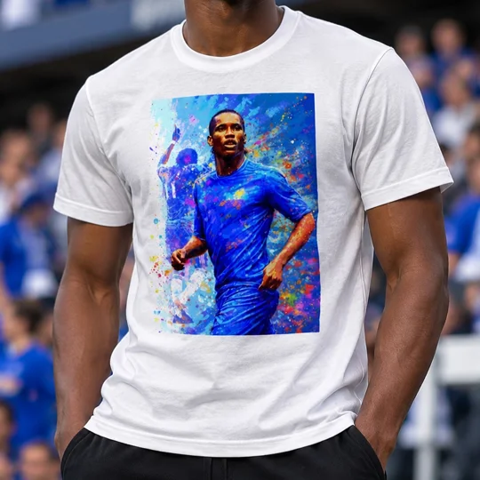 Chelsea-inspired Didier Drogba art T-shirt with full-colour football graphic on white cotton.