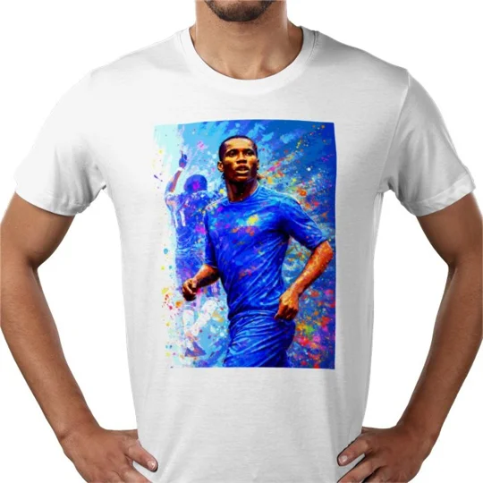 Drogba T-Shirt with colourful legendary striker artwork, a Chelsea-inspired gift for football fans.