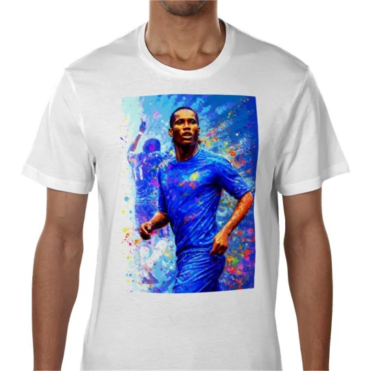 White Didier Drogba T-shirt featuring Chelsea-inspired football artwork, shown from the front.