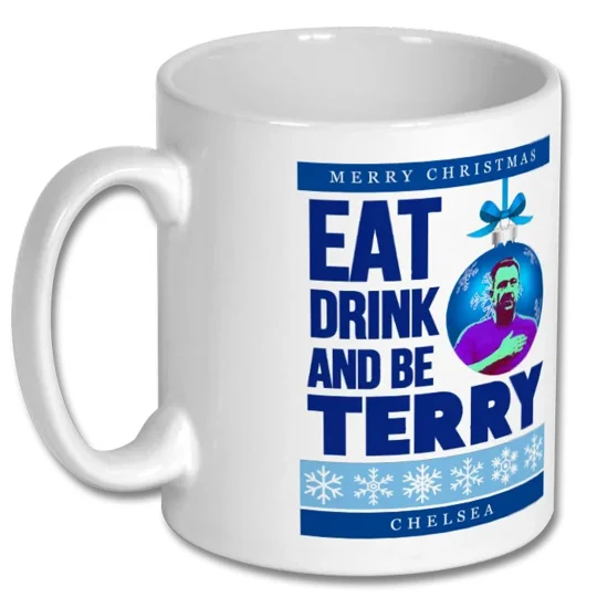 Funny Chelsea football fan Christmas mug featuring the Eat Drink and Be Terry slogan