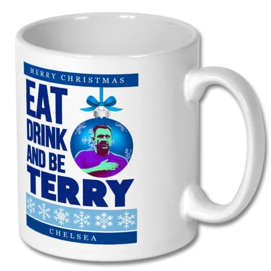 Chelsea-inspired Eat Drink and Be Terry 10oz white Christmas gift mug with glossy full-colour design