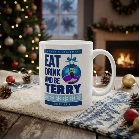 Eat Drink and Be Terry Chelsea-inspired Christmas mug with festive football artwork