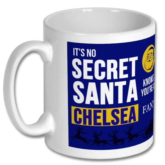 Chelsea-Inspired Secret Santa mug displaying glossy full-colour artwork, a festive gift idea for Chelsea football fans