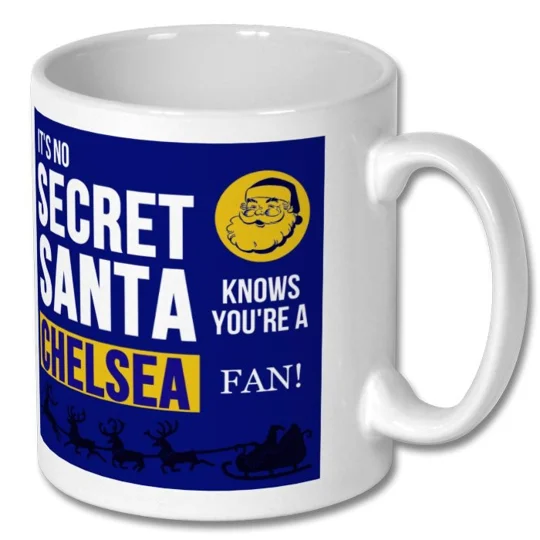 White Chelsea-inspired Christmas gift mug showing colourful football-themed artwork, ideal for Secret Santa