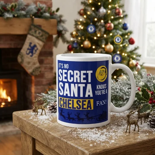 Chelsea-Inspired Secret Santa Christmas Gift Mug with full-colour football art image on a white mug