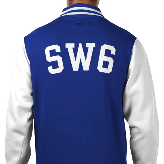 Chelsea-inspired SW6 retro style varsity jacket with embroidered design