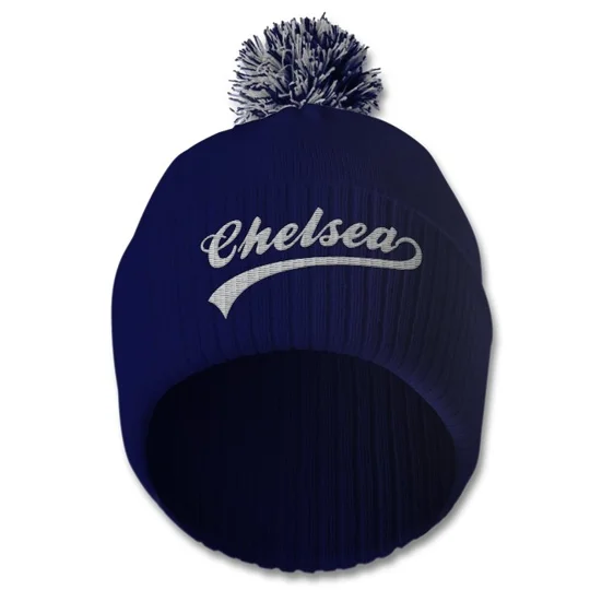 Chelsea-inspired retro-style football bobble hat with embroidered detailing by Football Art Online.