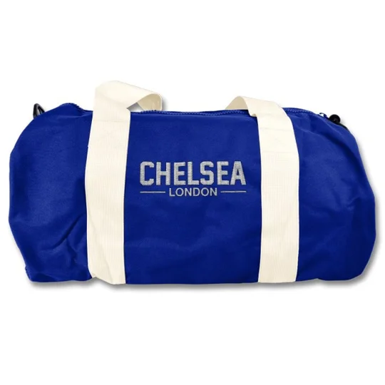 Vintage Chelsea-inspired soccer kit bag showing embroidered side detail