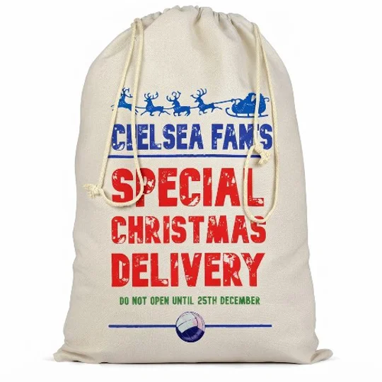 Chelsea Santa Christmas gift sack showing the full-colour football-inspired design and double drawcord closure