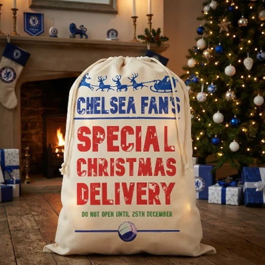 Chelsea-inspired Christmas football Santa sack with full-colour artwork on off-white cotton