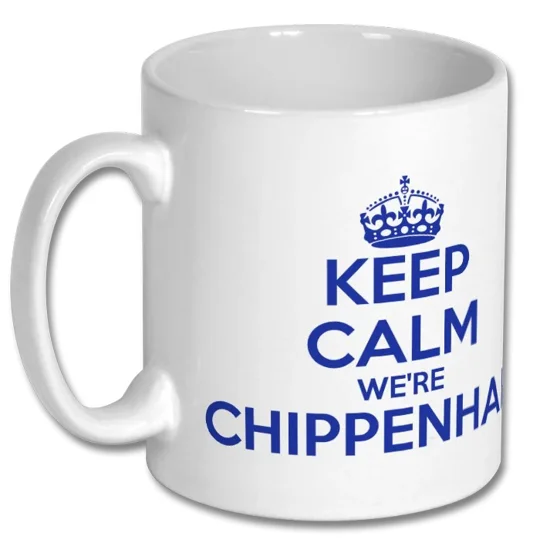 White Chippenham-inspired football supporter mug with Keep Calm artwork