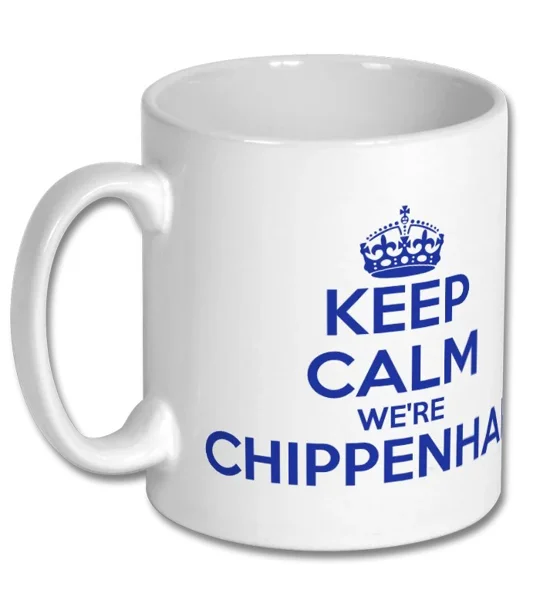 White Chippenham-inspired football supporter mug with Keep Calm artwork