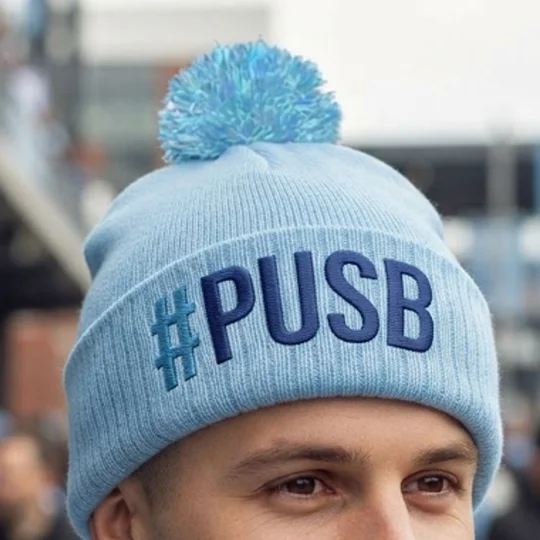 Coventry-inspired hashtag football bobble hat with embroidered retro-style design