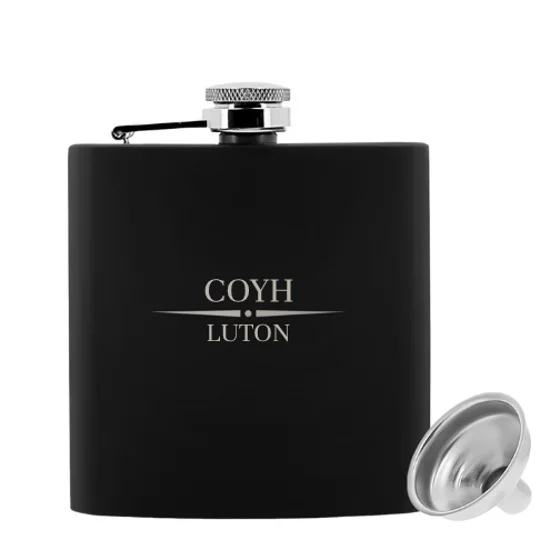 Luton-inspired 6oz black hip flask with engraved COYH design and presentation gift box