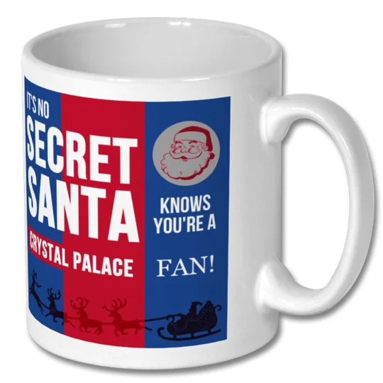 Glossy white Crystal Palace-inspired Christmas Secret Santa mug featuring colourful football-themed artwork