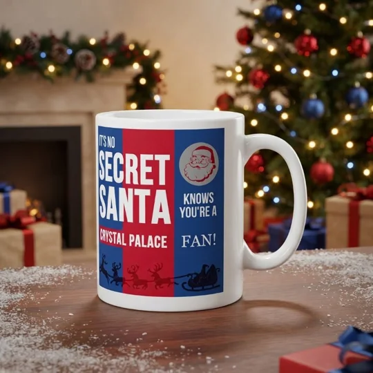 Crystal Palace-inspired Secret Santa Christmas gift mug with full-colour football art on a white ceramic mug